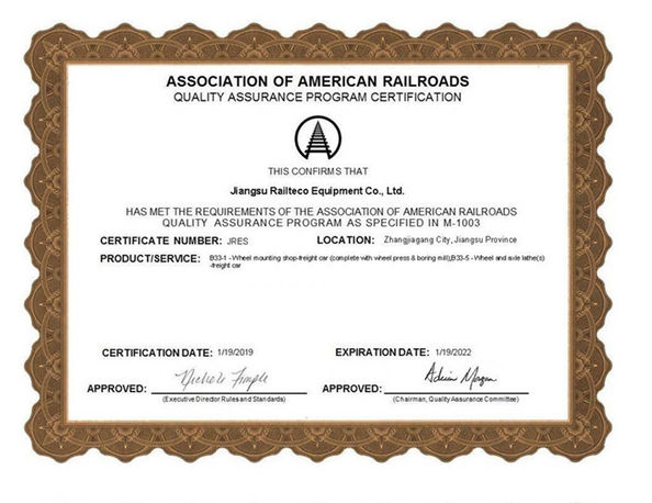 China Jiangsu Railteco Equipment Co., Ltd. Certificaciones