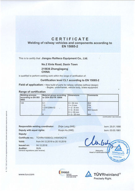 China Jiangsu Railteco Equipment Co., Ltd. Certificaciones